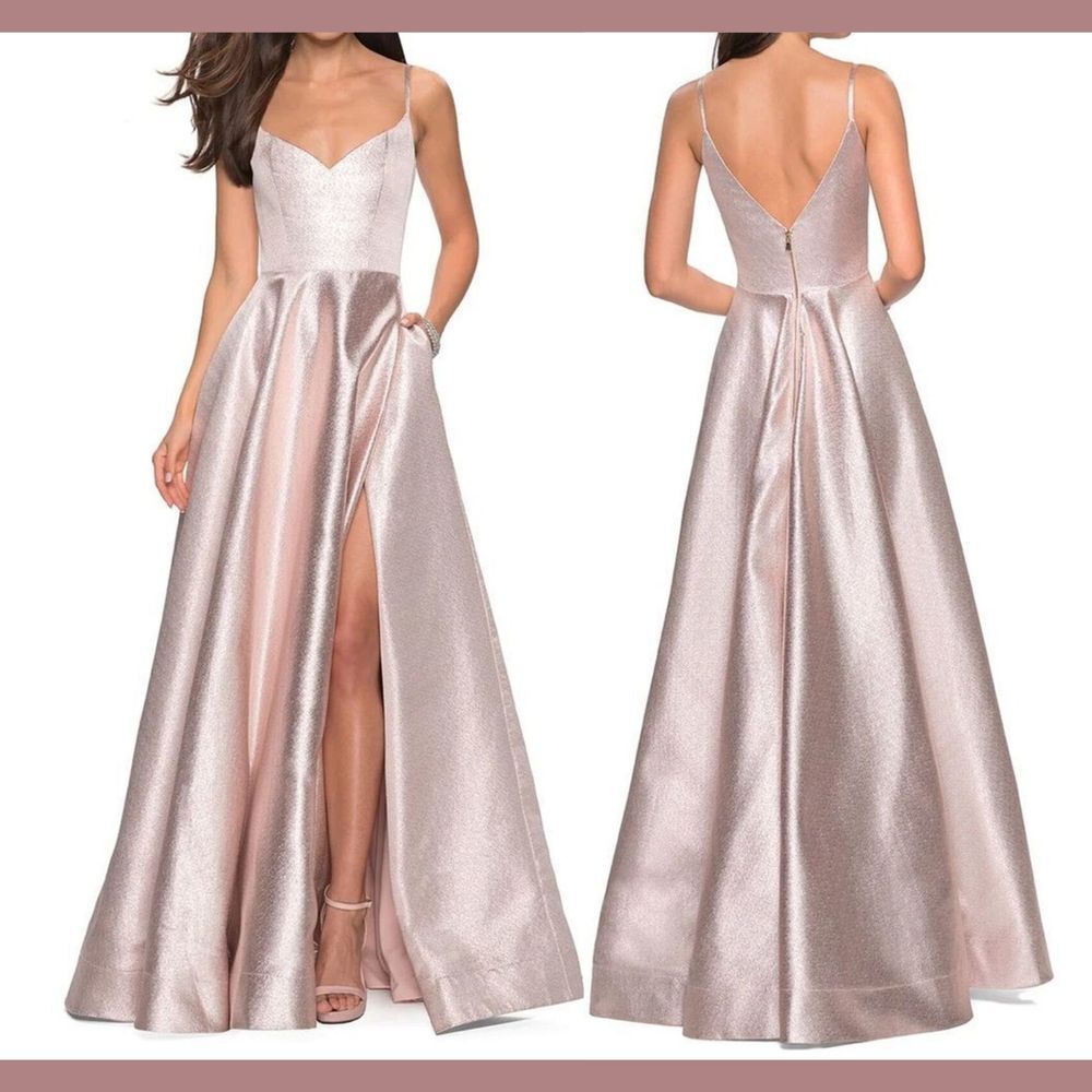 NEW $478 La Femme [ 8 ]‎ 27619 Shimmering Metallic A Line Gown in Pink J420